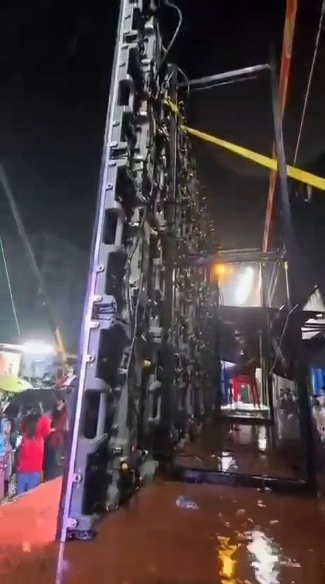 LED display cabinets being rigged and cabled during installation