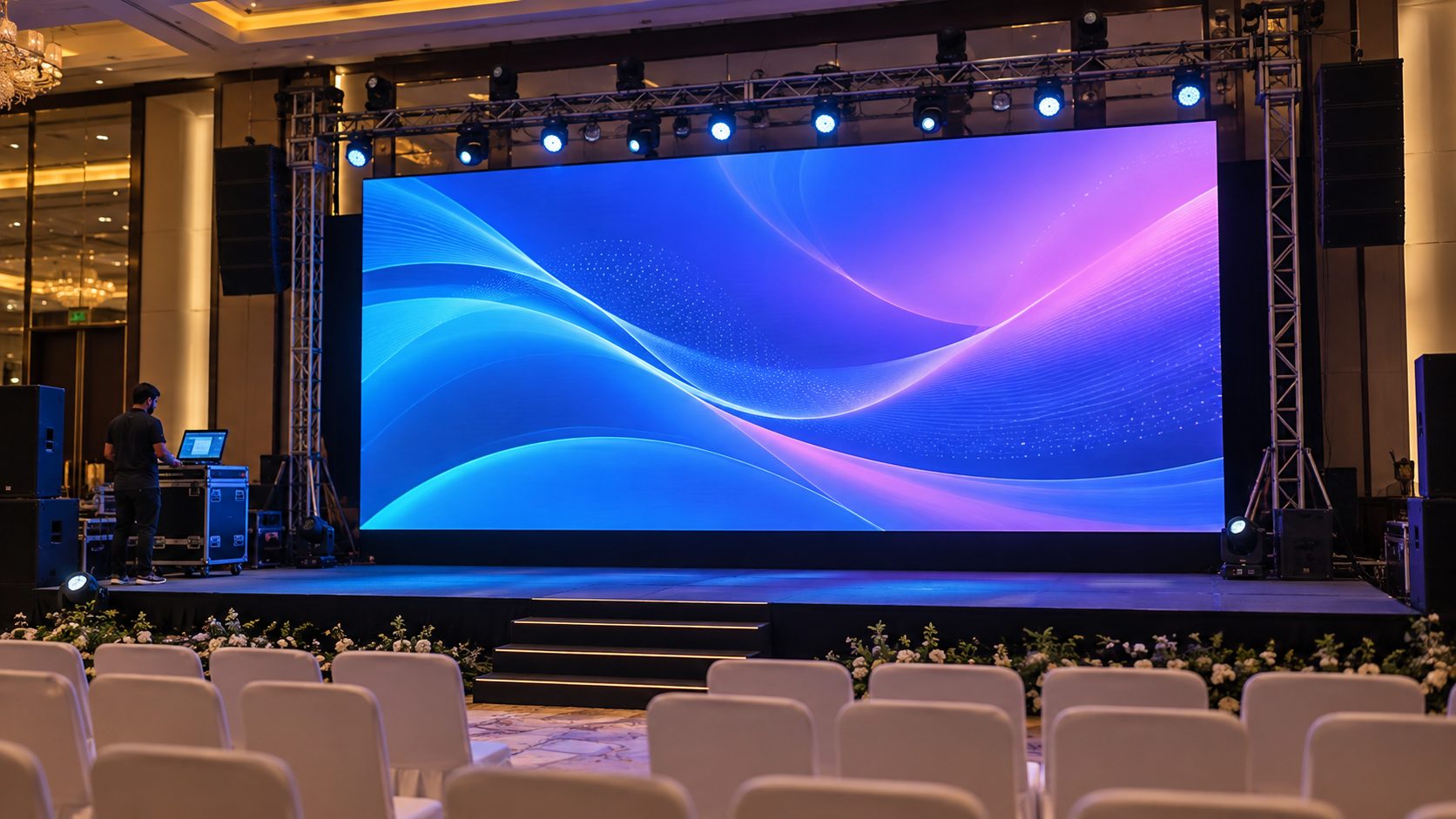 Representative visualization of an indoor event LED screen on a truss-rigged stage