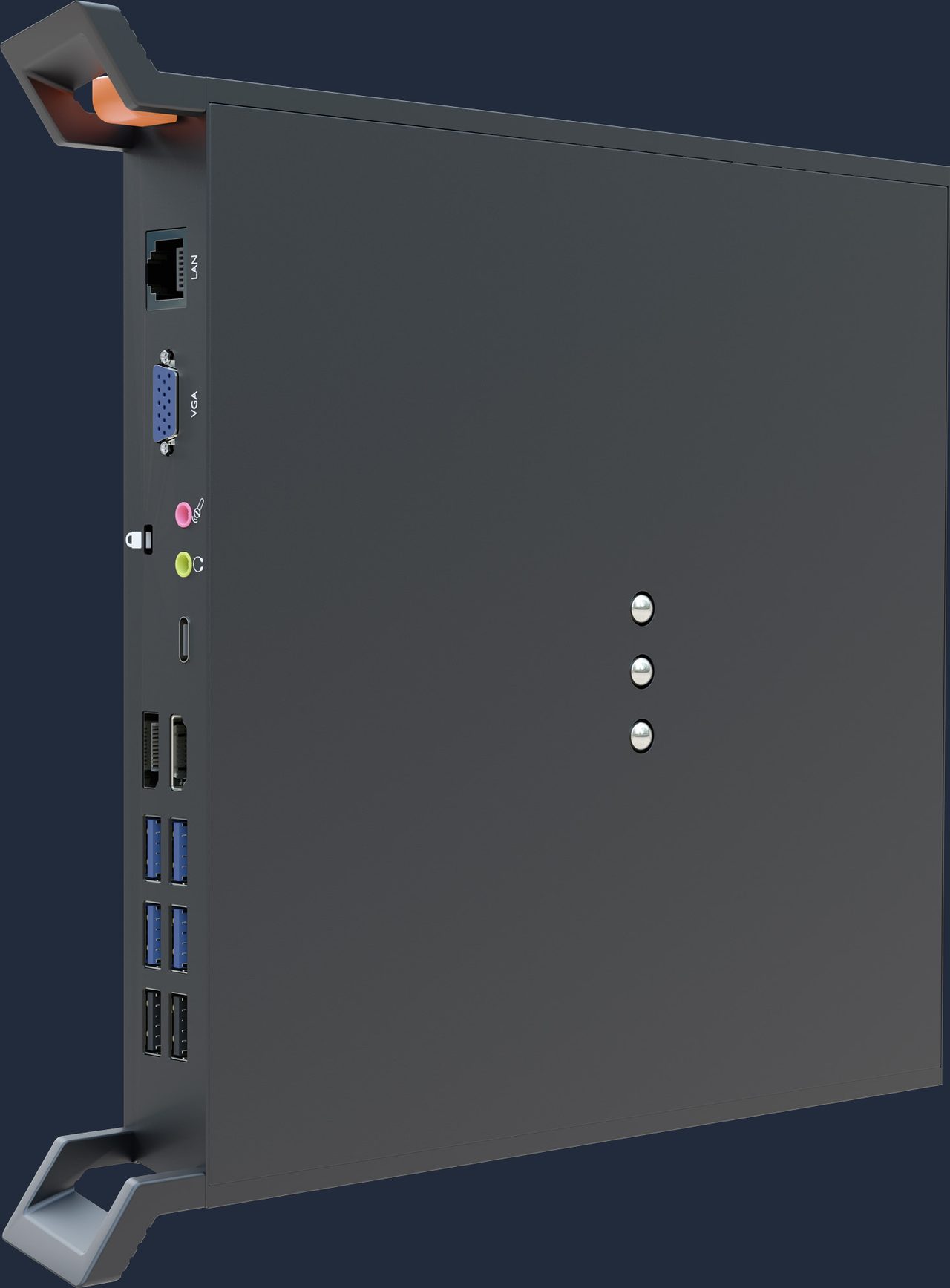 Slot-in OPS Windows PC module showing LAN, VGA, DisplayPort and USB ports