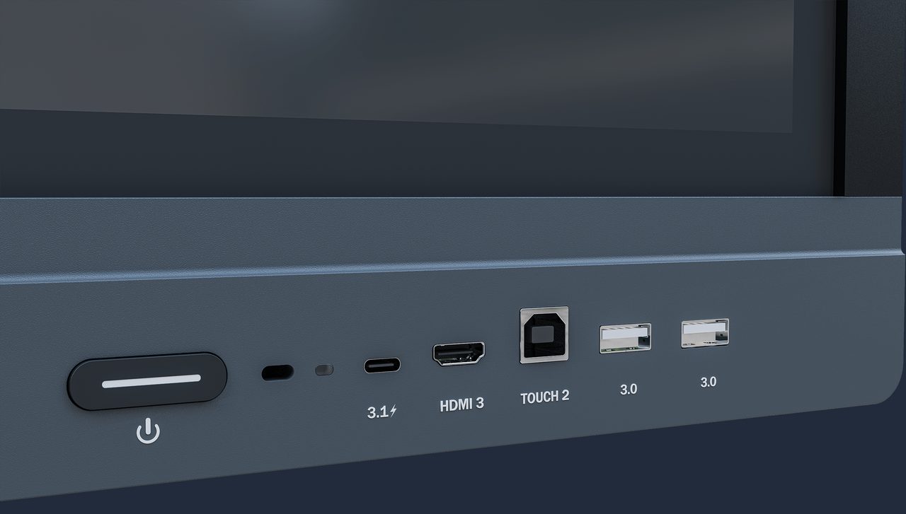 Front edge of the panel showing power button, USB-C, HDMI, touch and USB 3.0 ports