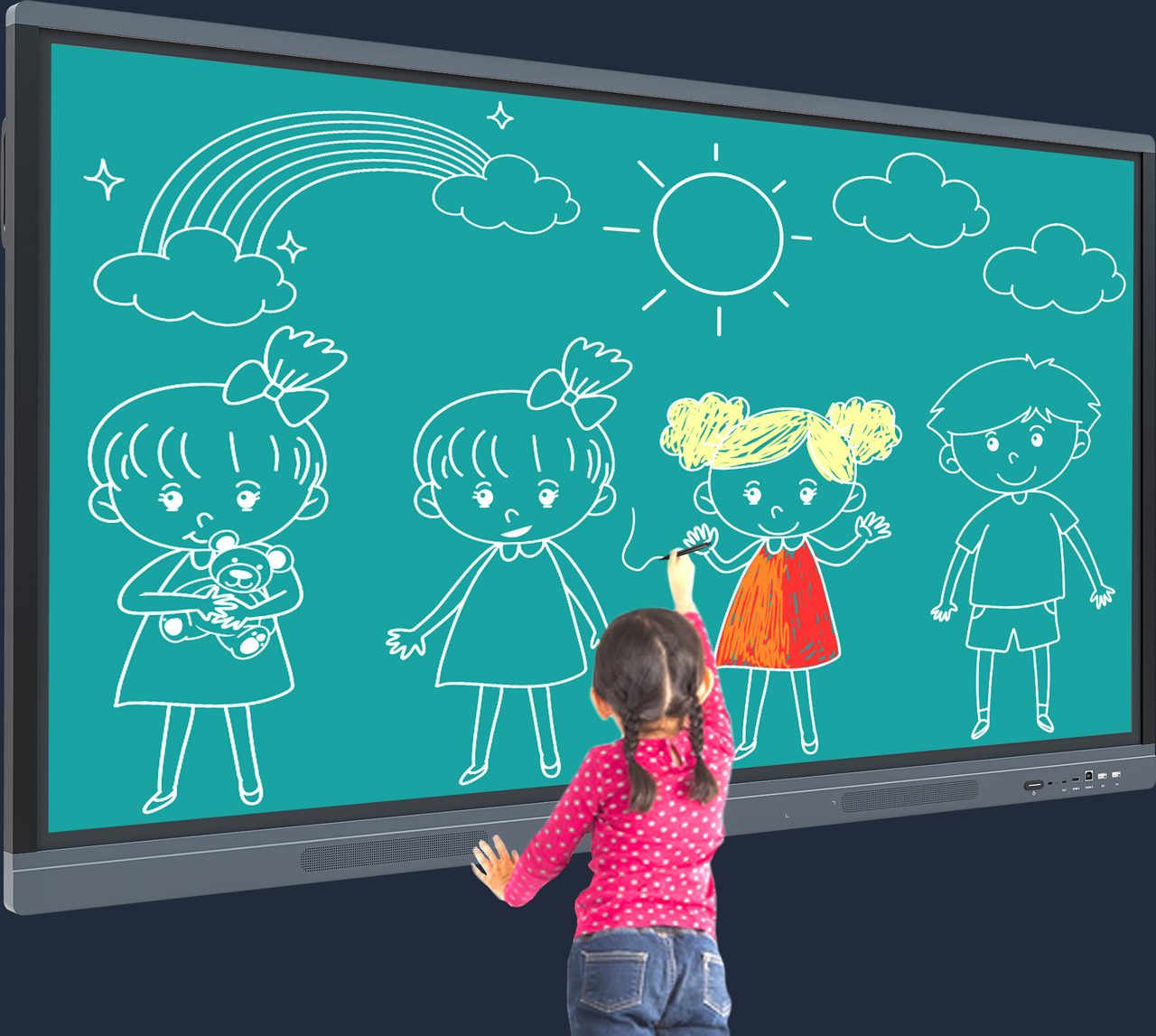Child drawing on an interactive panel with a stylus while standing at the screen