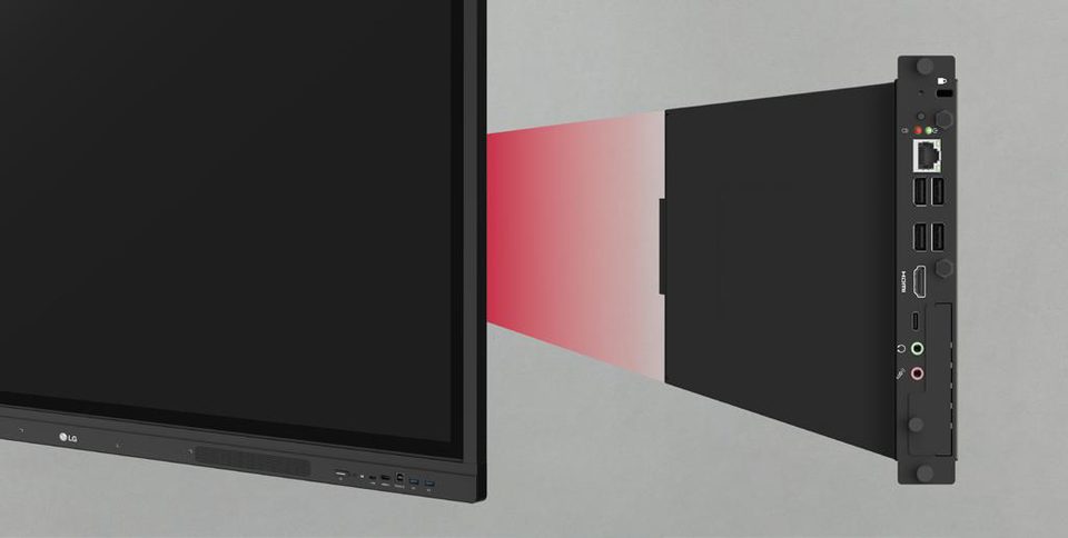OPS PC module sliding into the slot on the back of an LG CreateBoard