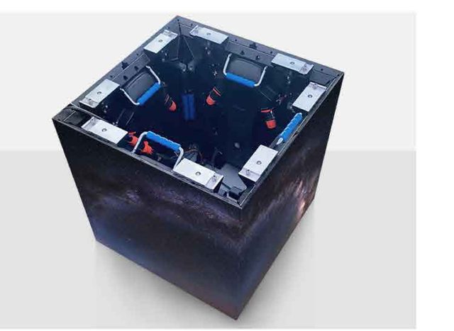 Four rental LED cabinets joined at right angles into a four-sided cube screen