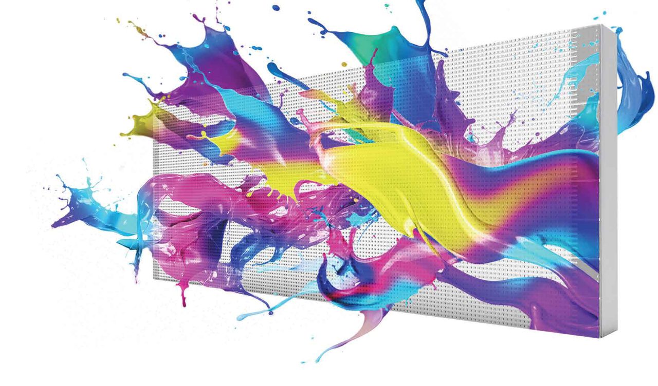 Flexible transparent LED film panel showing a paint-splash graphic