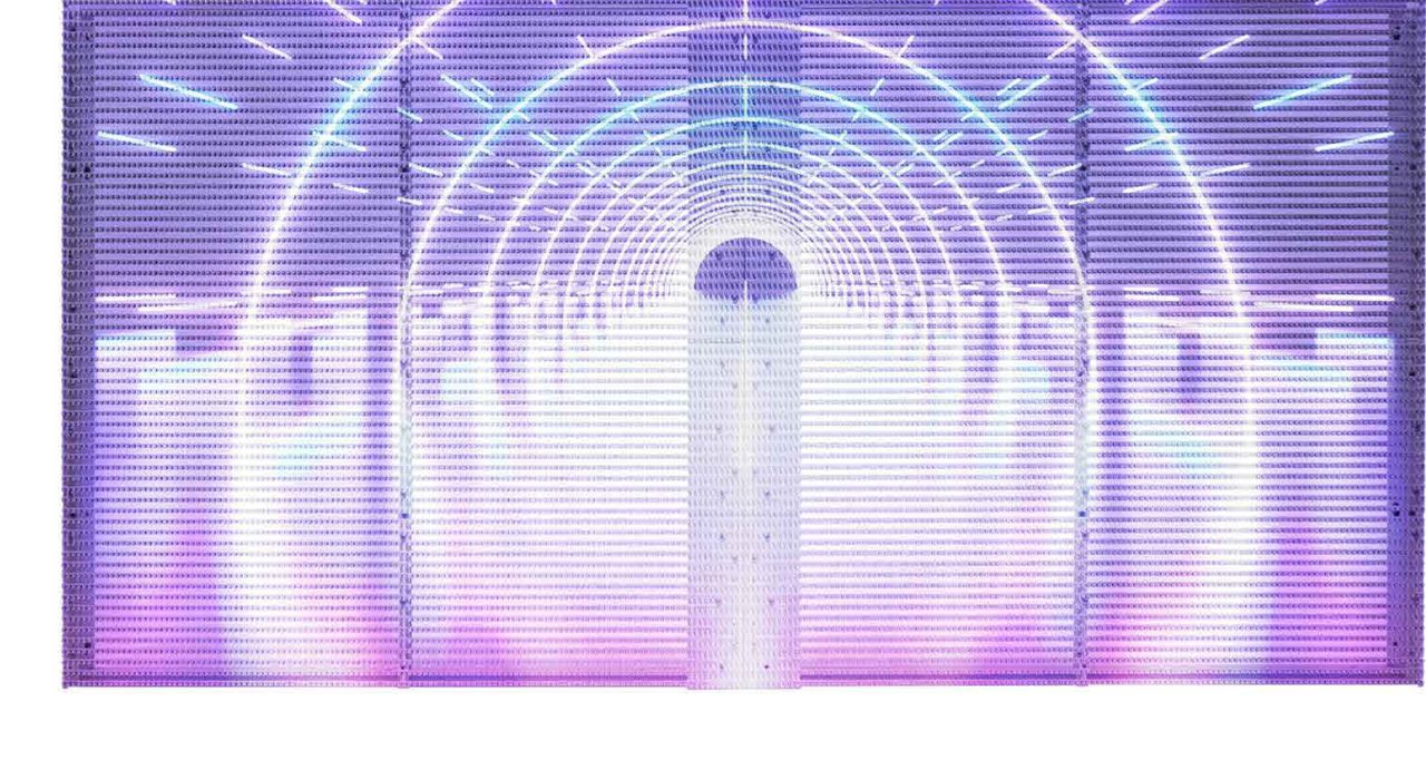 Transparent LED panel for fixed installation, showing a bright arch graphic